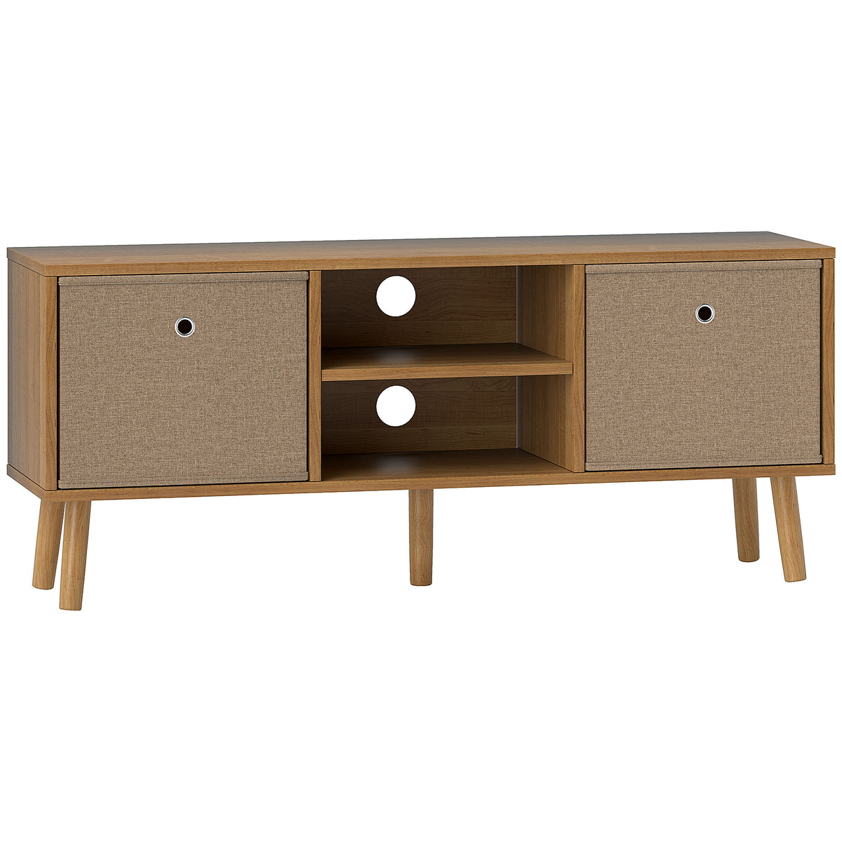 Meuble TV bas sur pieds style contemporain avec 2 tiroirs en tissu dim. 110L x 29l x 46,5H cm - passe-câbles - MDF-0