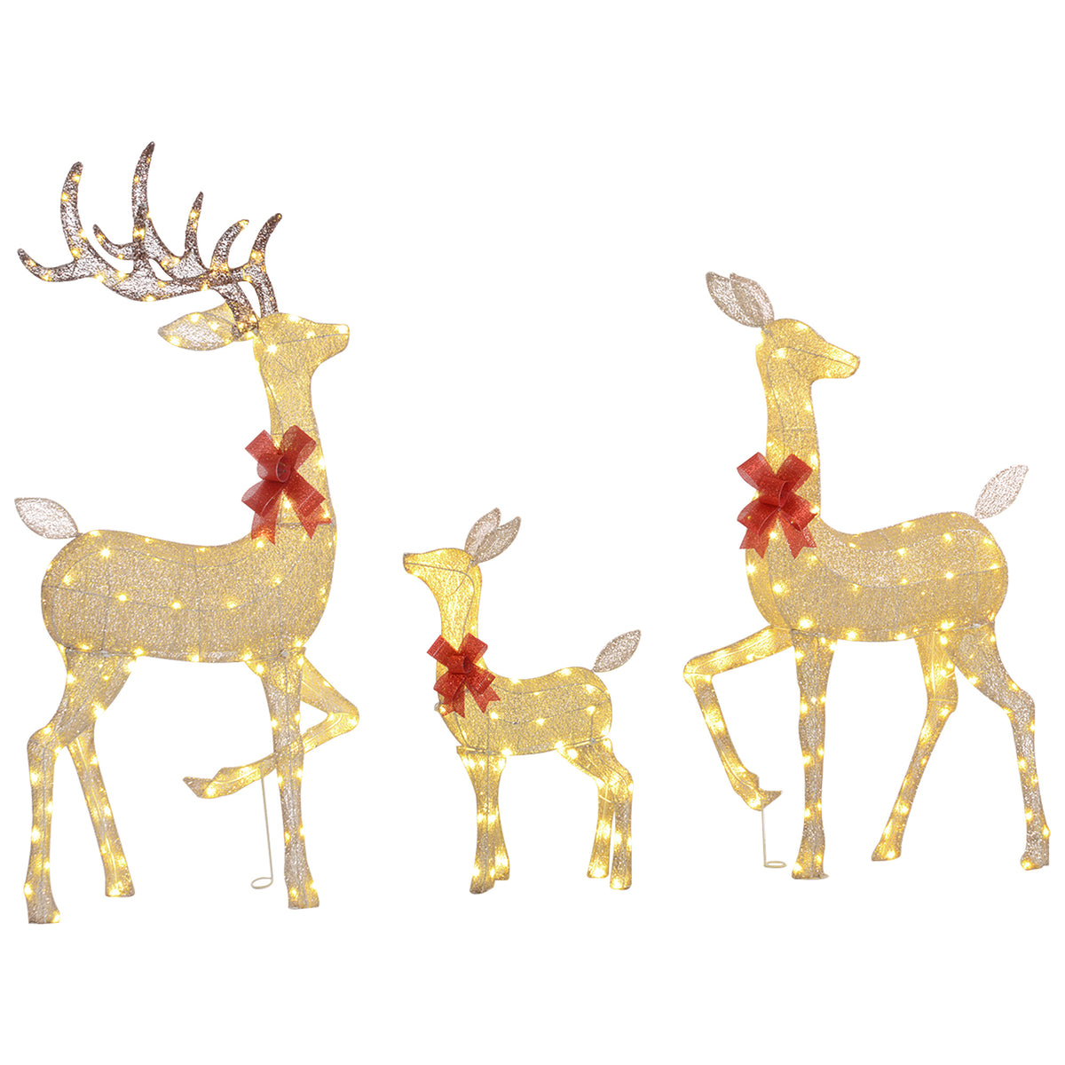 3 cerfs lumineux Noël, en forme de famille de cerfs, rennes lumineux Noël, en acier, 283 LED blanc chaud, or-0
