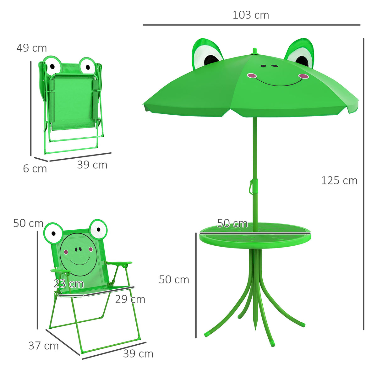 Ensemble Salon de Jardin Enfant 4 pcs Design Grenouille - Table Ronde + 2 chaises Pliables + Parasol - métal époxy Oxford Vert-2