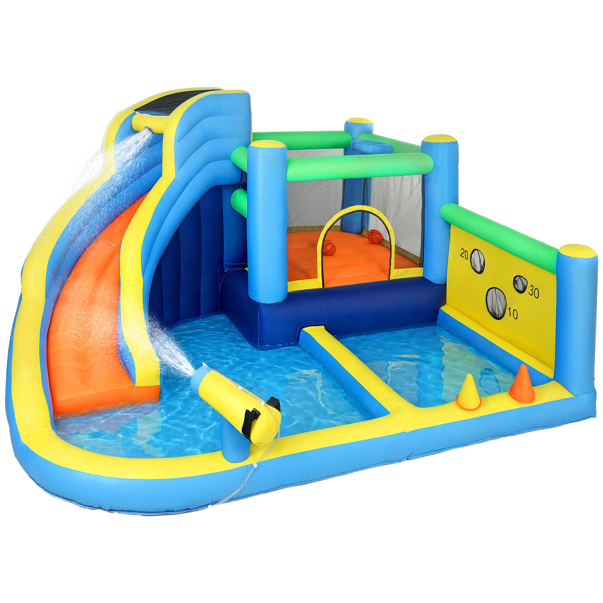Château gonflable avec souffleur 8 en 1, parc aquatique, toboggan, trampoline, piscine à balles, oxford, multicolore-0
