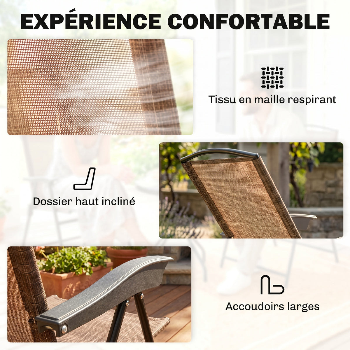 Ensemble de Jardin 3 pièces 2 chaises inclinables Multi-Positions Pliables + Table Ronde Verre trempé métal-5