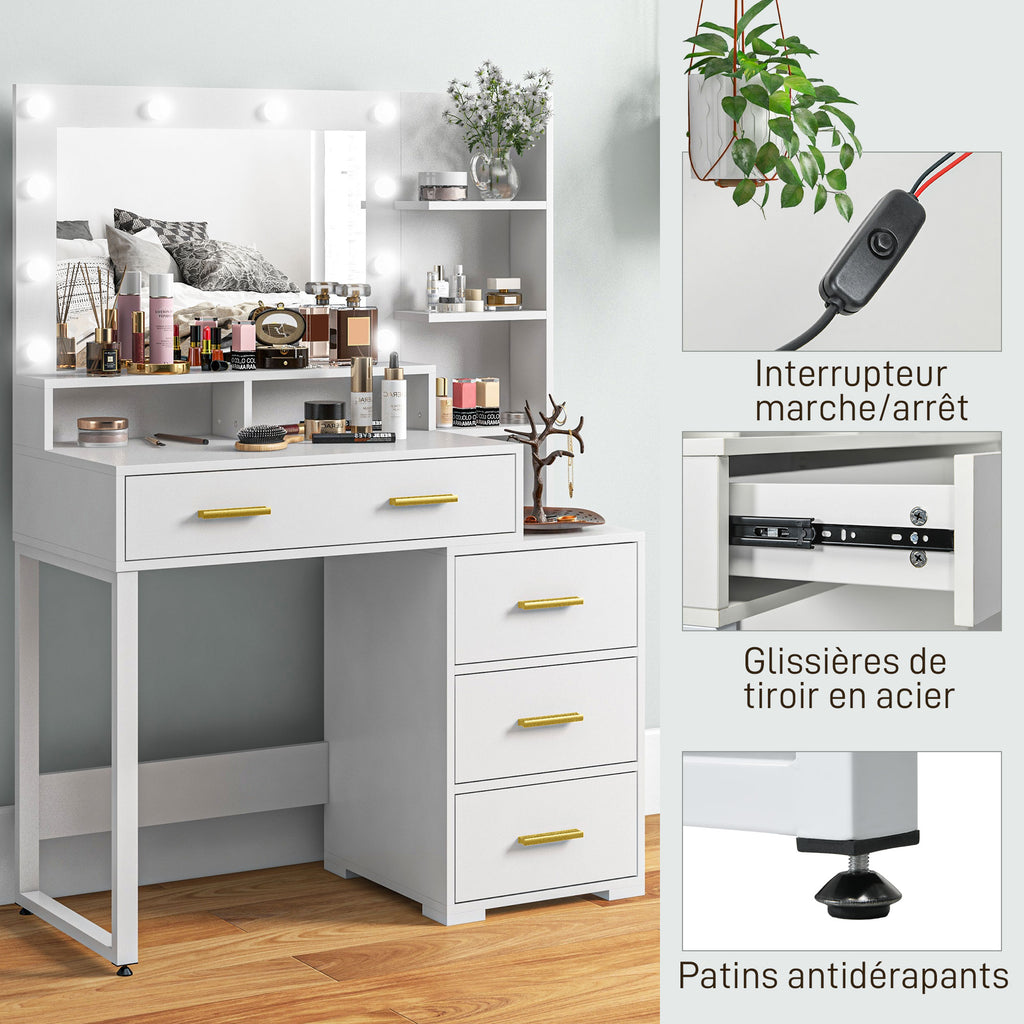 Coiffeuse avec miroir et 9 lumières LED, 4 tiroirs et 6 compartiments ouverts, 100 x 40 x 138 cm, blanc-5