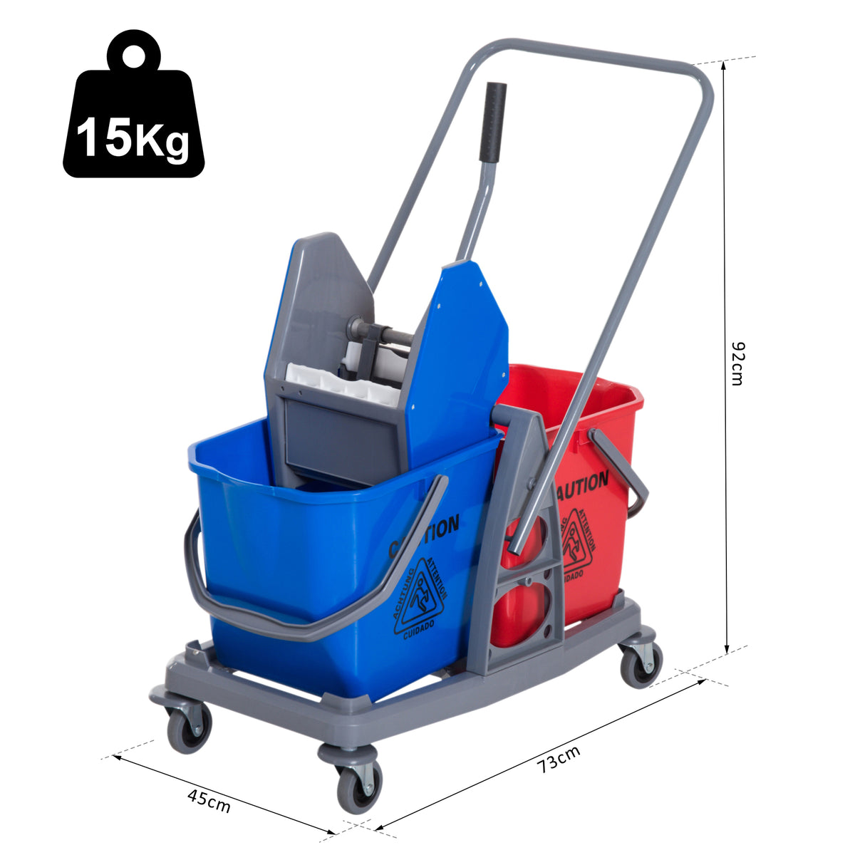 Chariot de lavage chariot de nettoyage professionnel presse à mâchoire 2 seaux 25 L 73L x 45l x 92H cm plastique gris bleu rouge-2