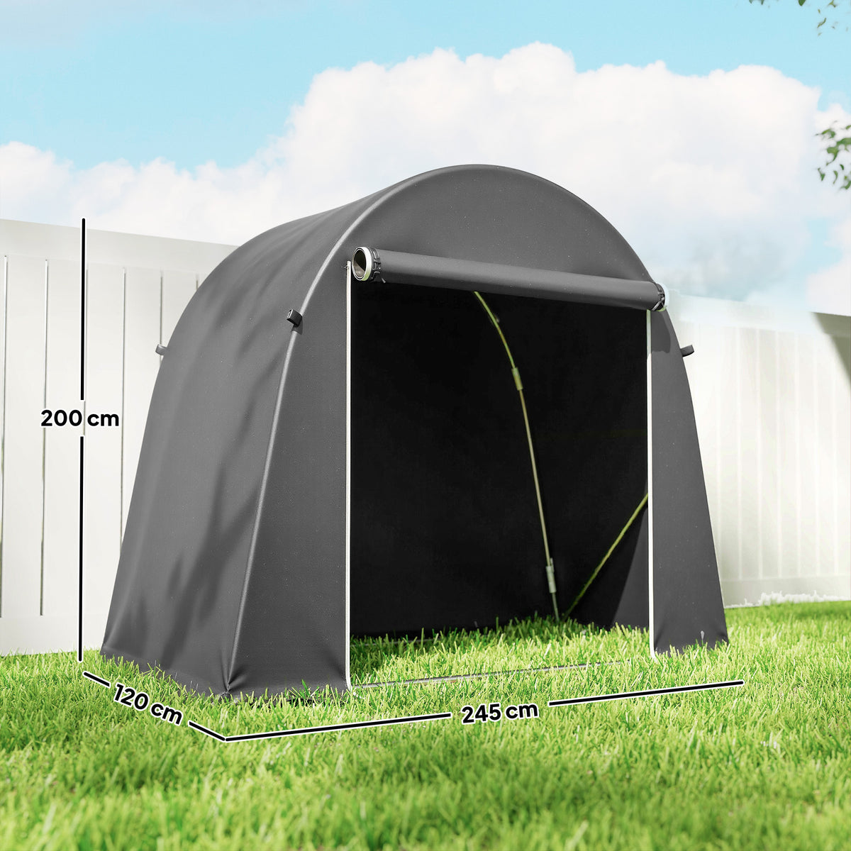 Abri de jardin tente de stockage étanche abri moto porte enroulable fermeture éclair, 245 x 120 x 200 cm, gris foncé-2