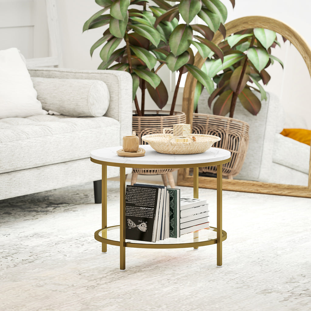 Table basse salon ronde moderne à 2 niveaux plateau effet marbre et étagère en verre trempé, Ø 60 x 45 cm, blanc et doré-6