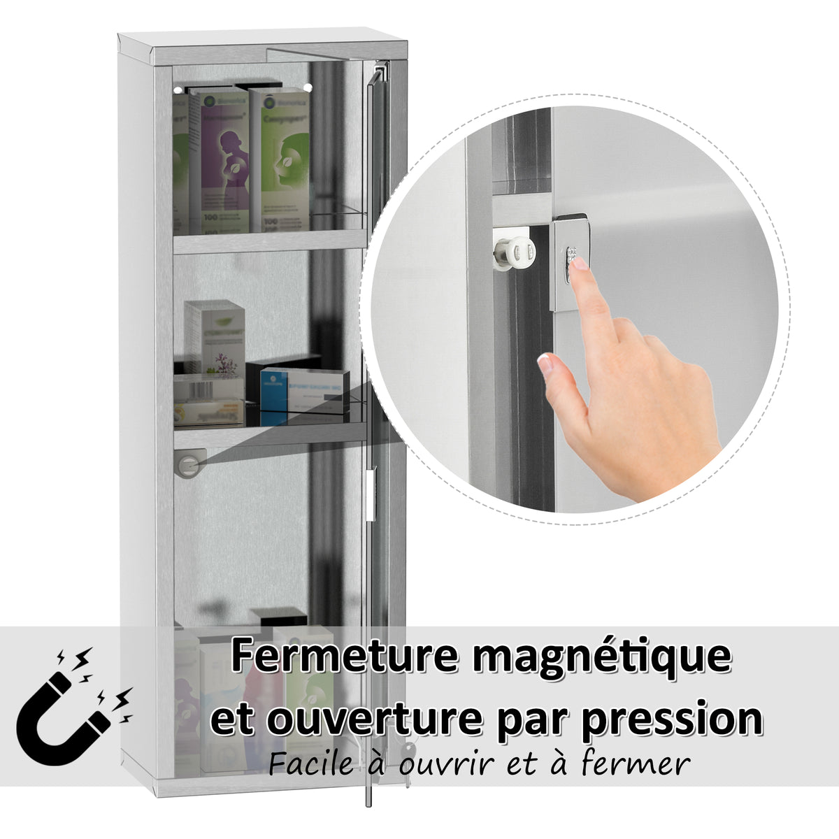 Armoire à Pharmacie 2 étagères 3 Niveaux 20L x 12l x 58H cm Porte Verre trempé Symbole Croix Acier INOX.-4