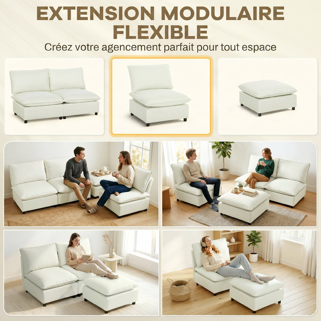 Fauteuil de salon, canapé 1 place moderne sans accoudoirs avec assise large, coussins épais, 146x85x78cm, crème-3