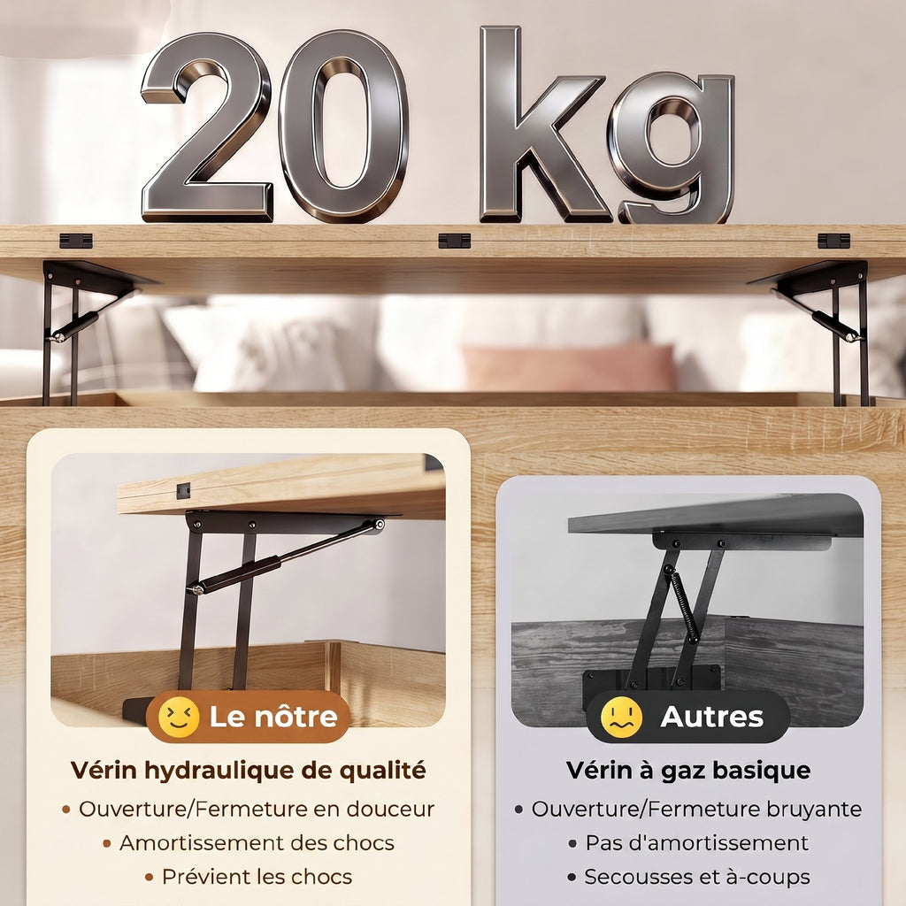 Table basse relevable et extensible table de salon avec compartiment caché étagère ouverte 100x45x50,5cm bois naturel-5