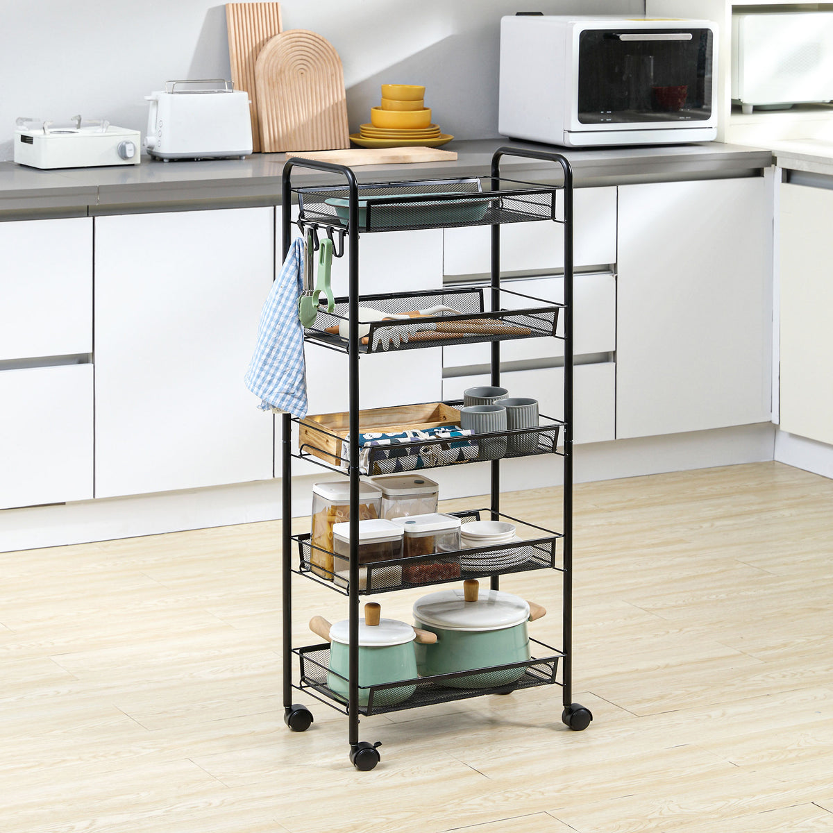 Chariot desserte de rangement à roulettes avec 5 paniers amovibles en acier, dim. 45L x 26.5l x 106H cm-1