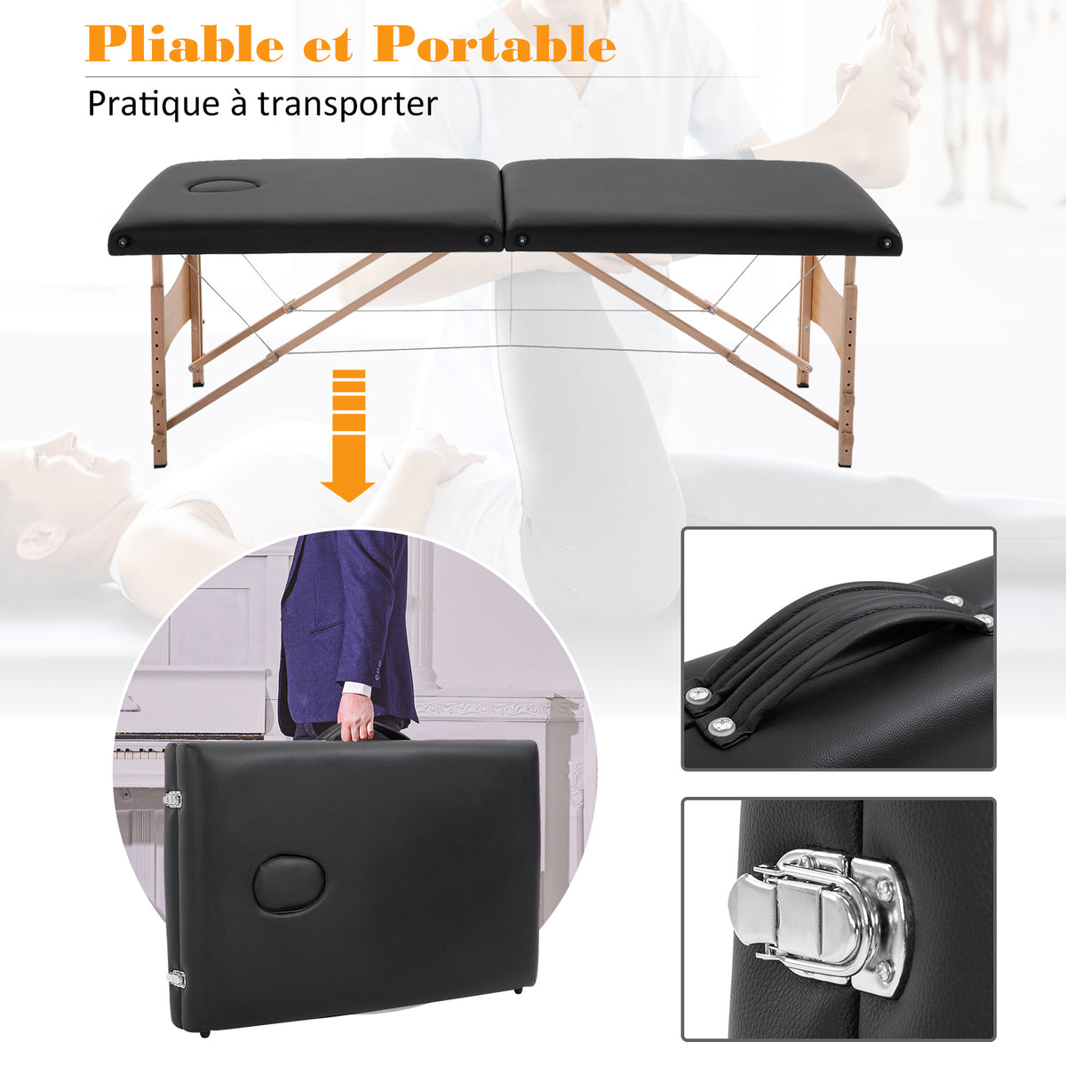 Table de massage pliante, lit de massage 2 zones 186 x 60 cm portable, hauteur réglable noir-6