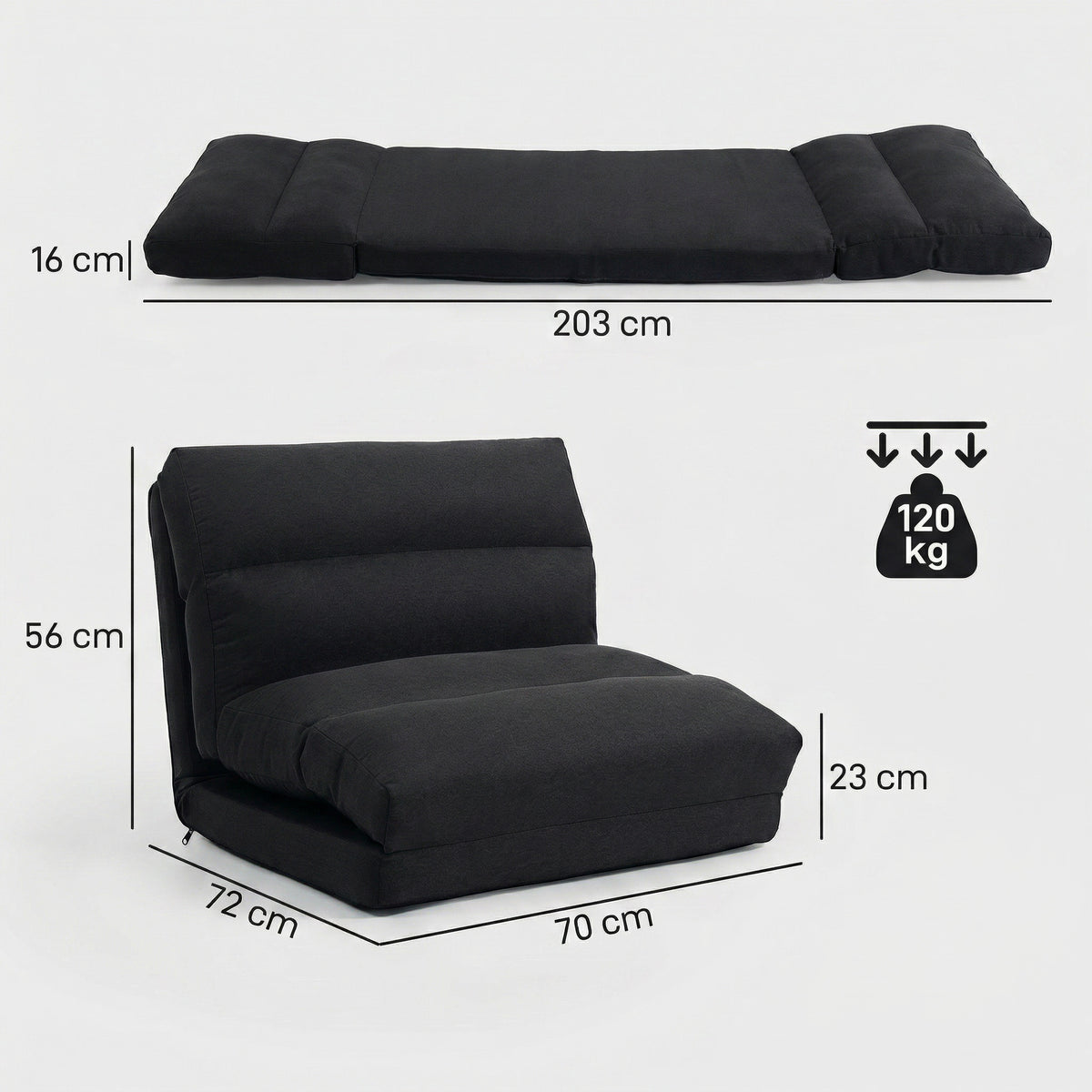 Fauteuil de sol canapé paresseux fauteuil convertible en lit inclinable 90° à 180° tissu - 70 x 72 x 56 cm - noir-2