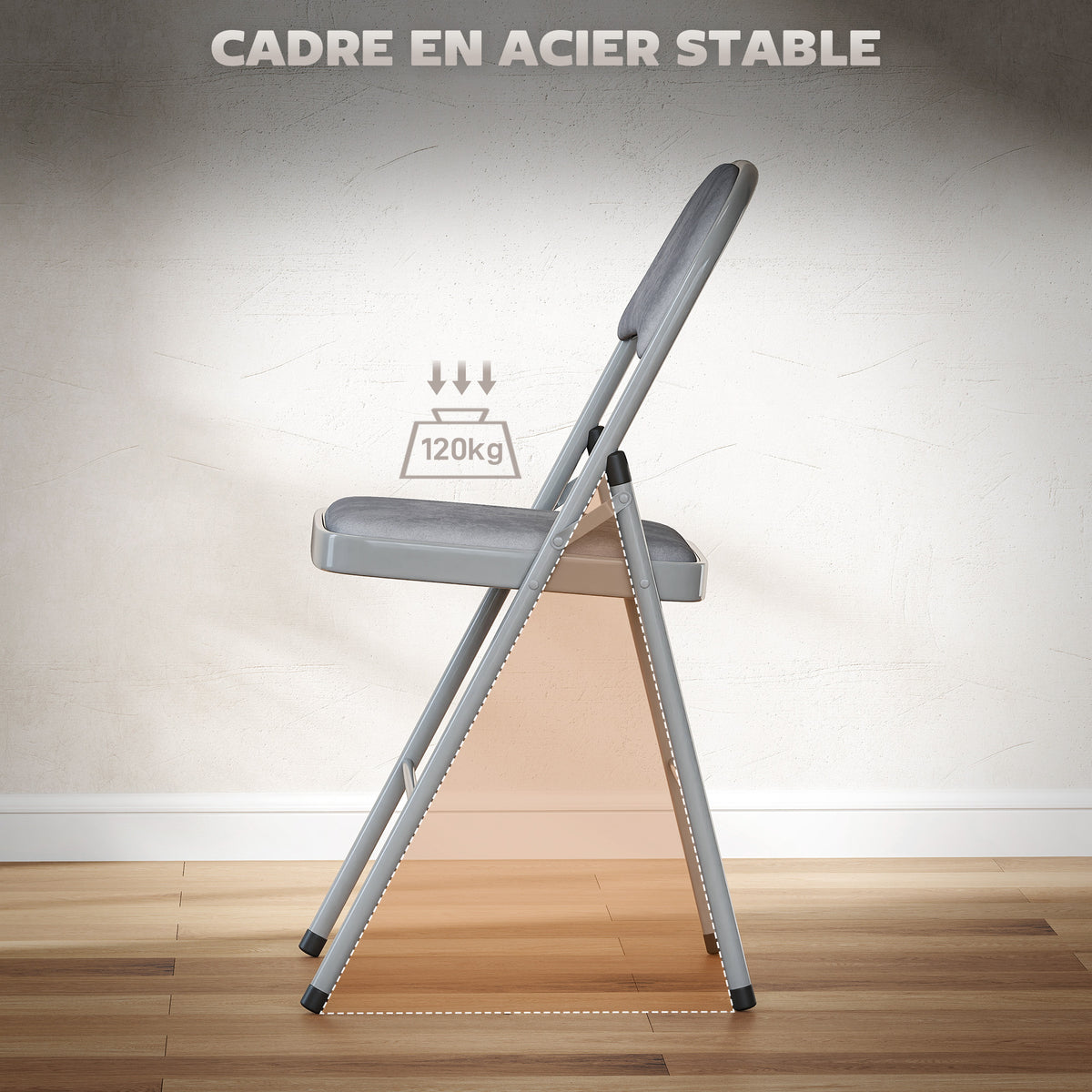 Lot de 4 chaises pliantes et portables intérieur avec assises et dossiers rembourrés en velours, cadre en acier, gris clair-6