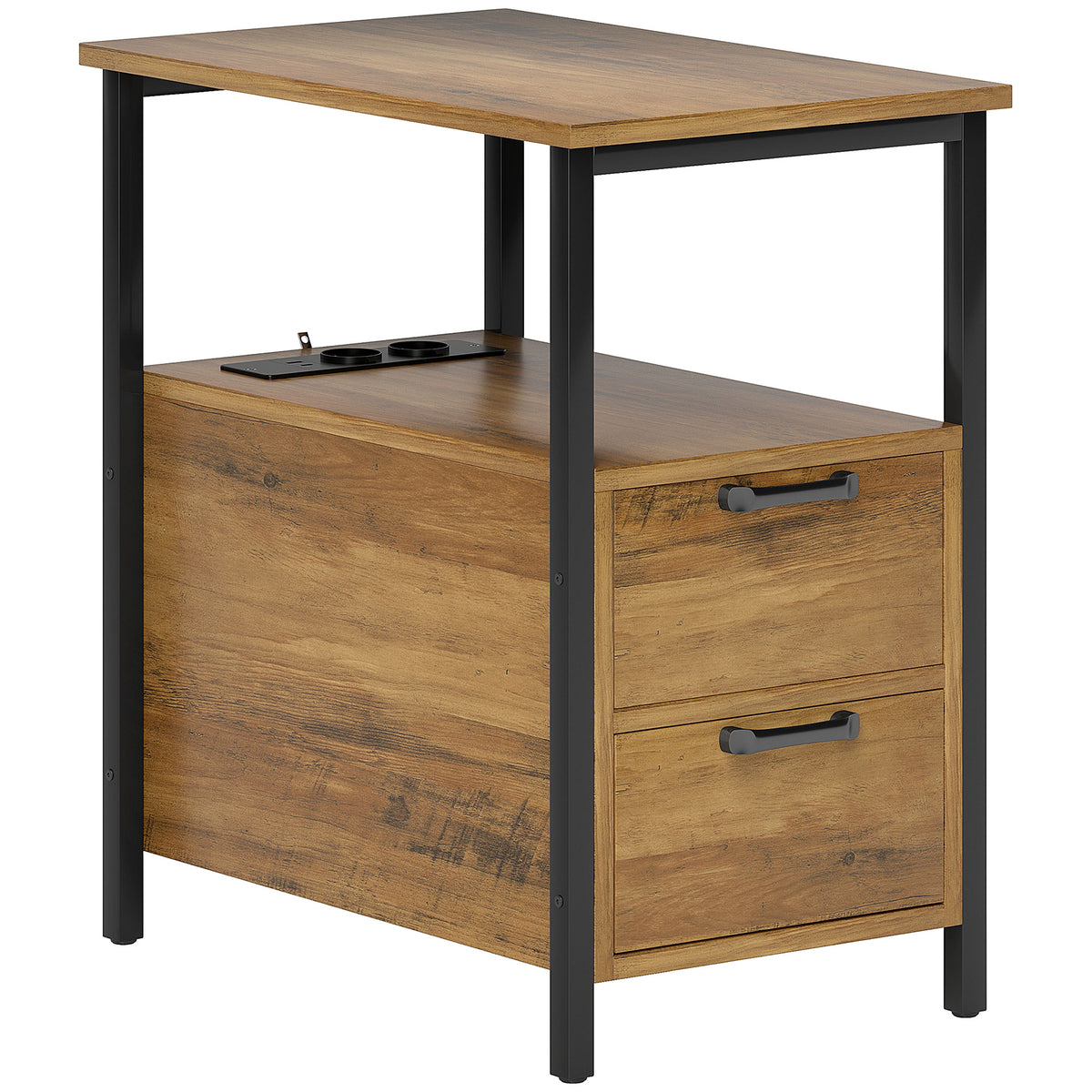 Table d'appoint table de chevet avec 2 prises port USB 1 prise type C câble de 143 cm tiroirs et étagère bois naturel-0