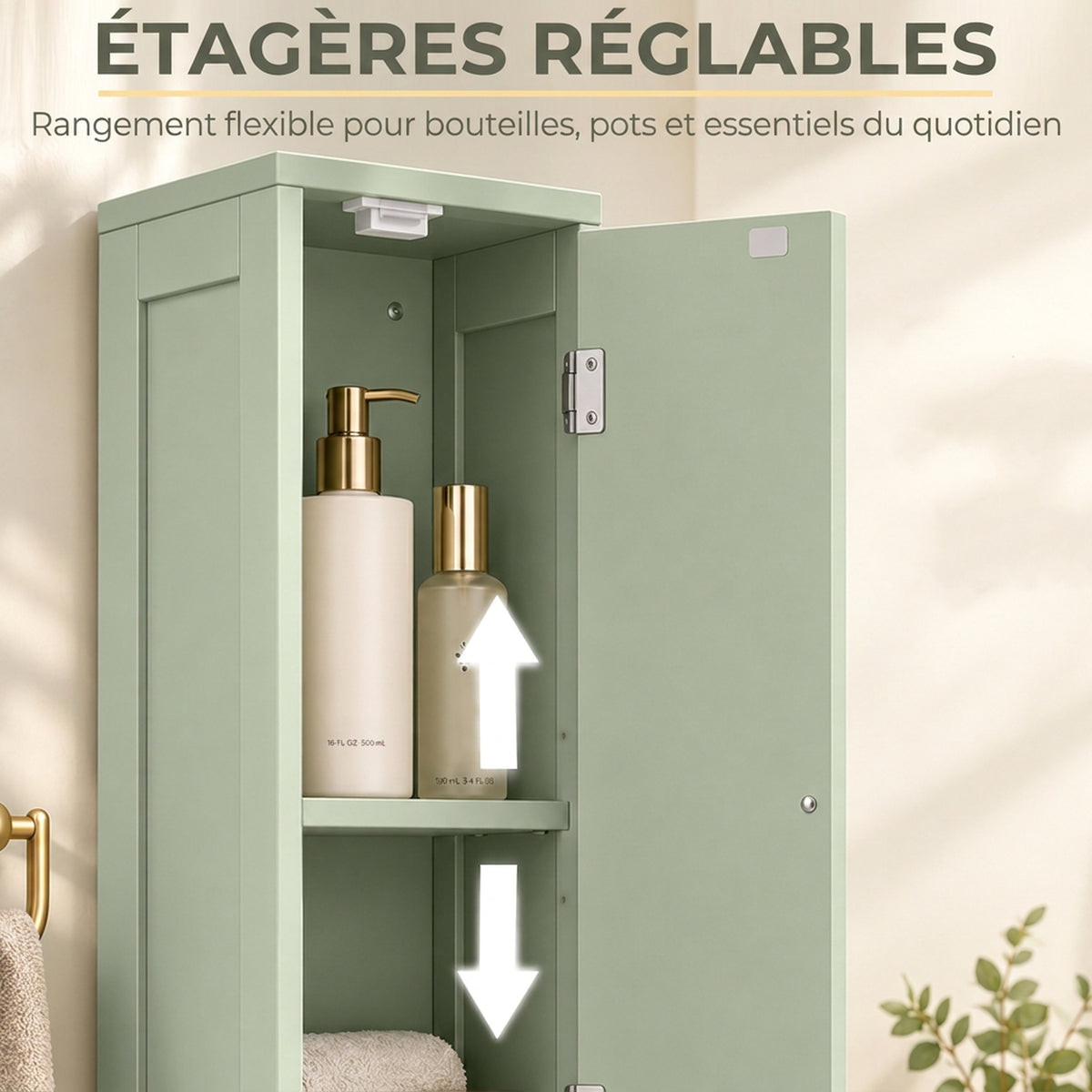 Meuble colonne salle de bain, meuble de rangement, 2 portes, tiroir, compartiment ouvert, étagère réglable, vert-5
