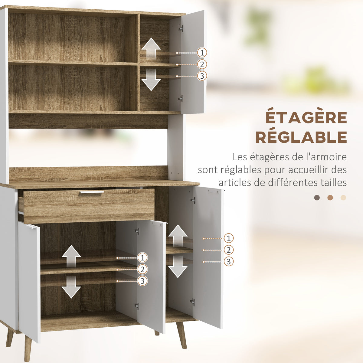Armoire de cuisine meuble de rangement 4 portes 1 tiroir design scandinave 98 x 39 x 180 cm blanc et naturel-5