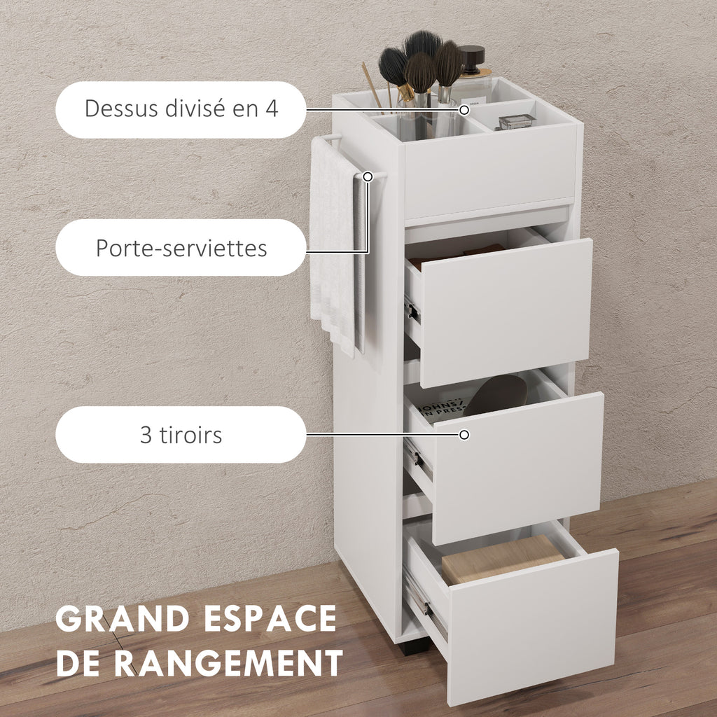 Meuble de rangement pour salle de bain avec 4 compartiments, 3 tiroirs et porte-serviettes, dim. 35 x 30 x 90 cm, blanc-3