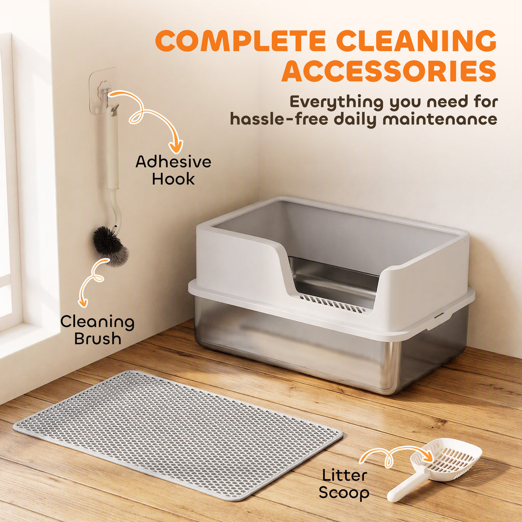 Bac Litière pour Chat en INOX Couvercle Bords Hauts Pelle et Tapis Anti-Adhérent Anti-Odeurs 60x40x30cm Gris Clair-7