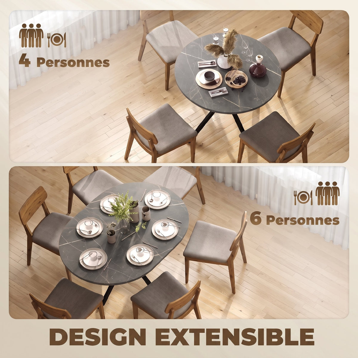 Table à manger extensible ovale pour 4 à 6 personnes, table de cuisine avec rallonge 100-135 cm, effet marbre noir-3