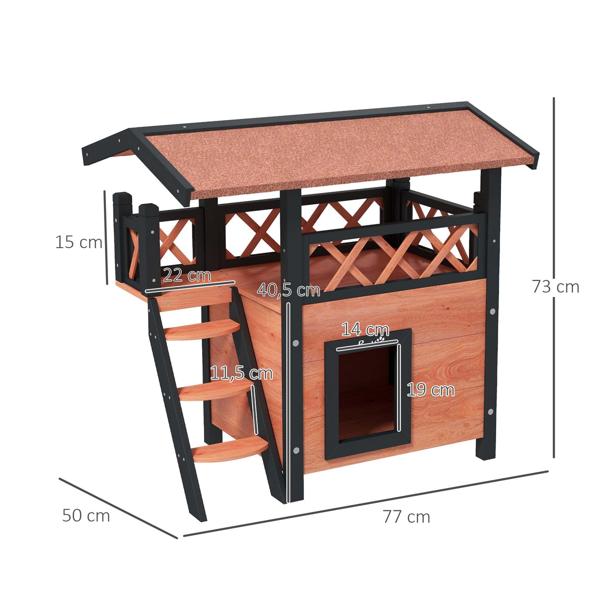 Cabane Chat Extérieur avec Terrasse, Escalier, Toit, Niche Villa, 77 x 50 x 73 cm Marron et Rouge-2
