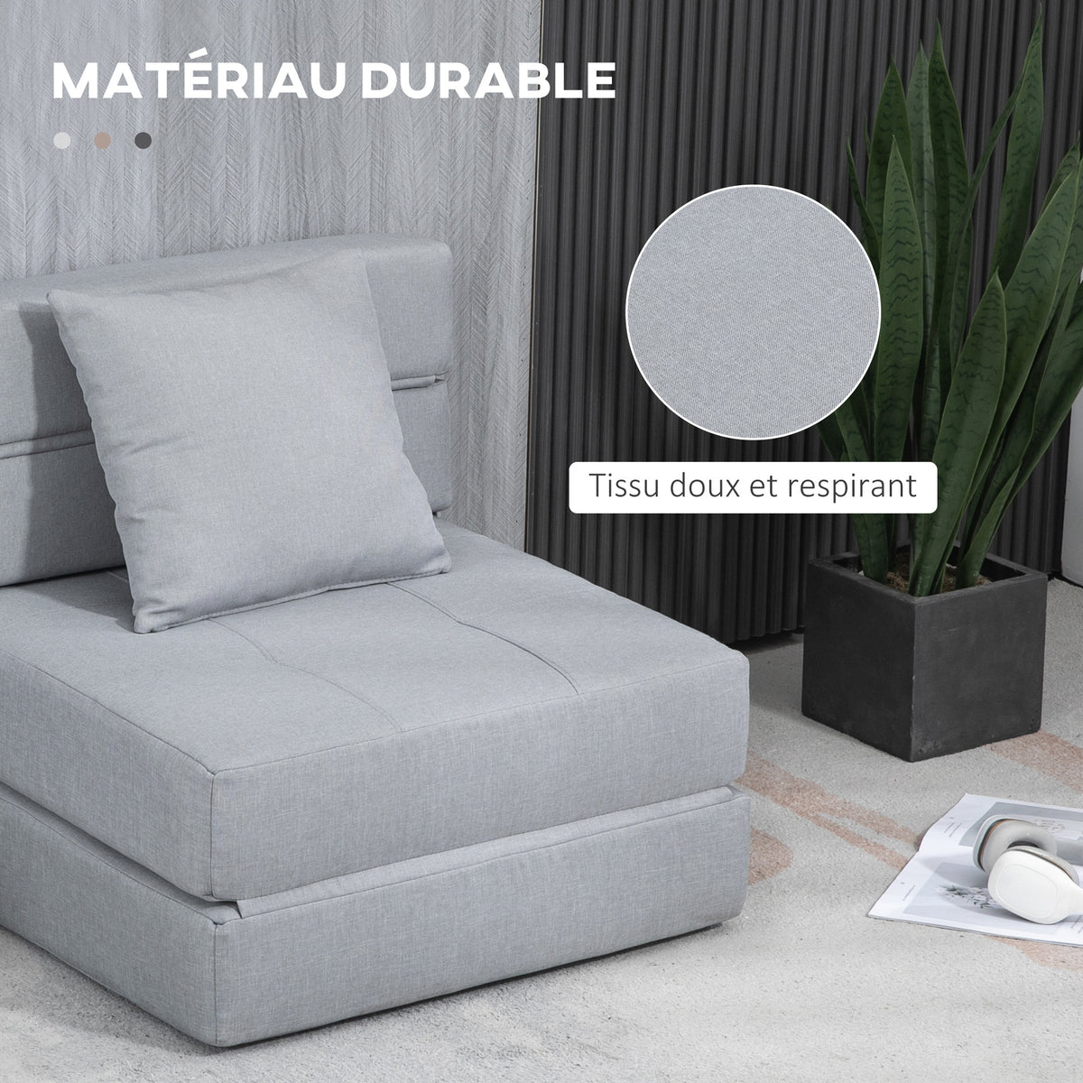 Chauffeuse canapé-lit convertible fauteuil 1 place avec 1 coussin déhoussable, tissu gris clair-4