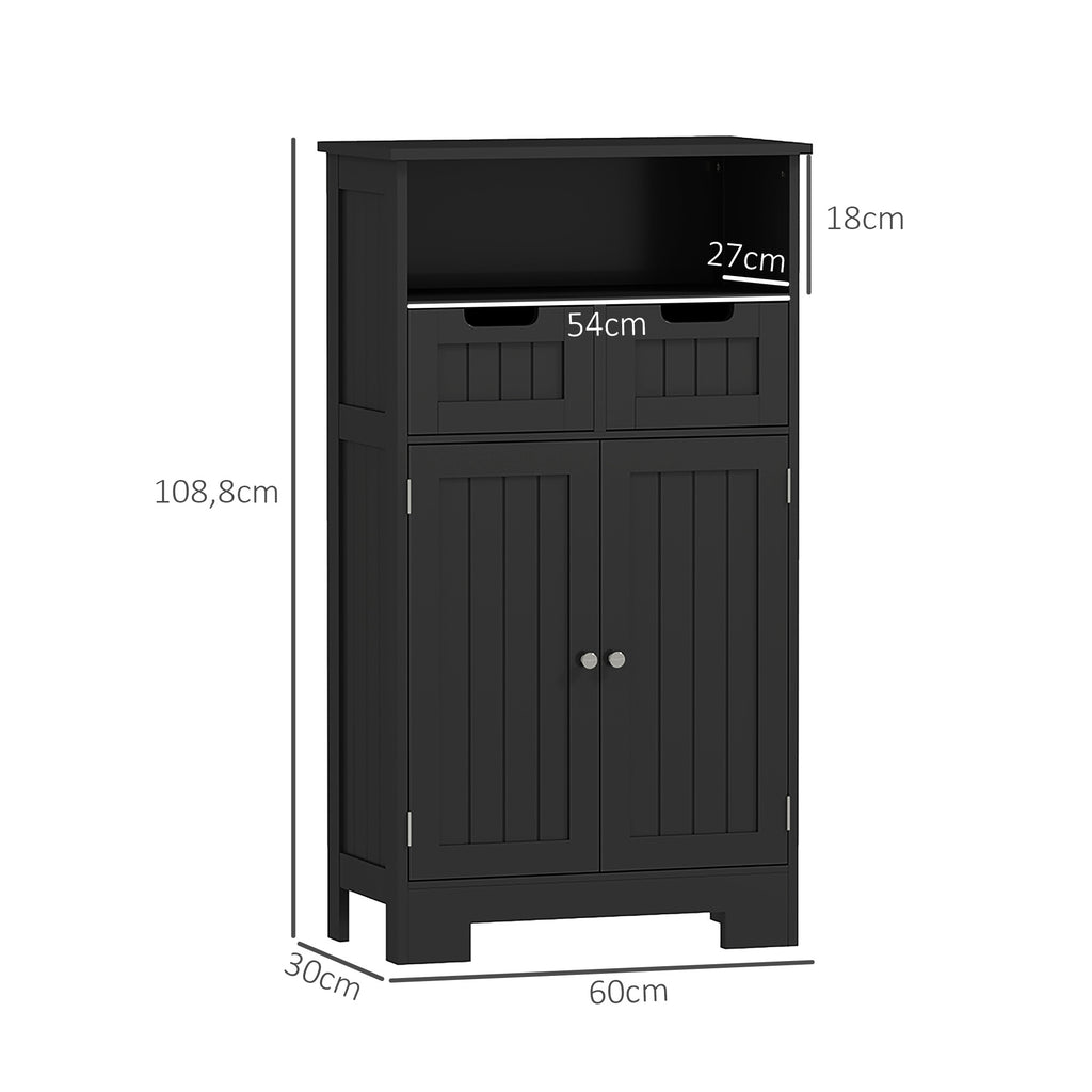 Meuble Bas de Salle de Bain Multi-rangements Grande Niche 2 tiroirs Placard Double Porte avec étagère Noir-2