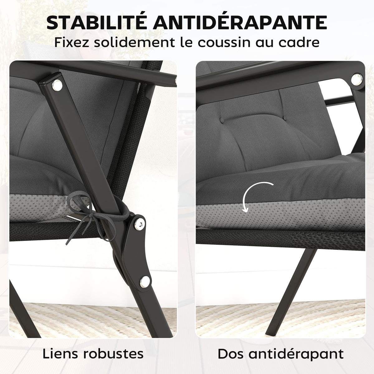 Lot de 4 coussins pour chaises de terrasse, résistants à l'eau, antidérapants, avec liens, 112x53cm, Gris Foncé-5