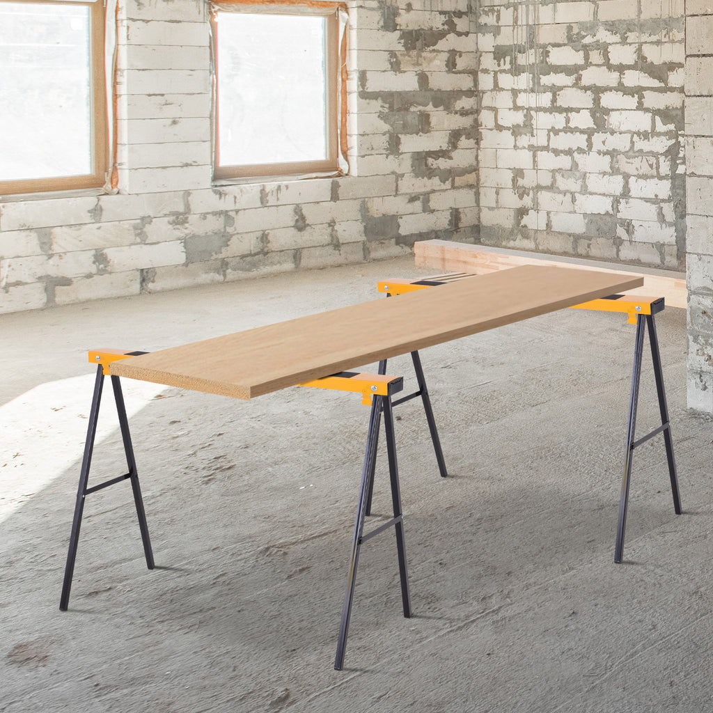 Lot de 2 tréteaux pliables compactes poignée transport dim. 100L x 50l x 76H cm surface antidérapante métal noir jaune-9