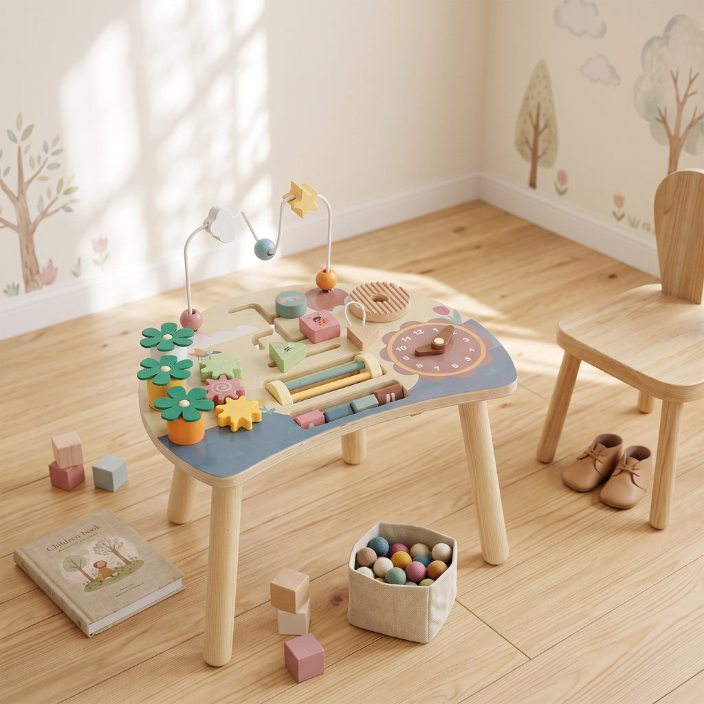 Table d'Activités en Bois pour Bébé 1-3 Ans 6 en 1 avec Engrenages, Labyrinthe de Perles, Horloge Rotative et Carottes-1