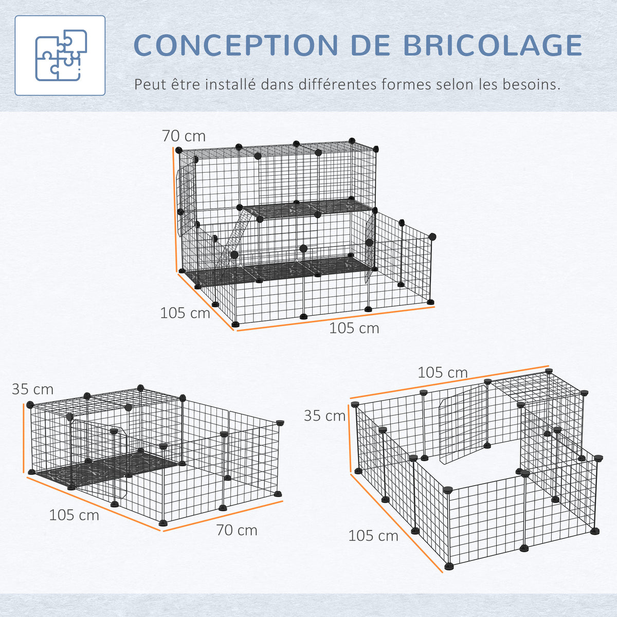 Cage parc enclos rongeurs modulable dim. L 111 x l 75 x H 119 cm 3 niveaux 4 portes fil métallique noir-4