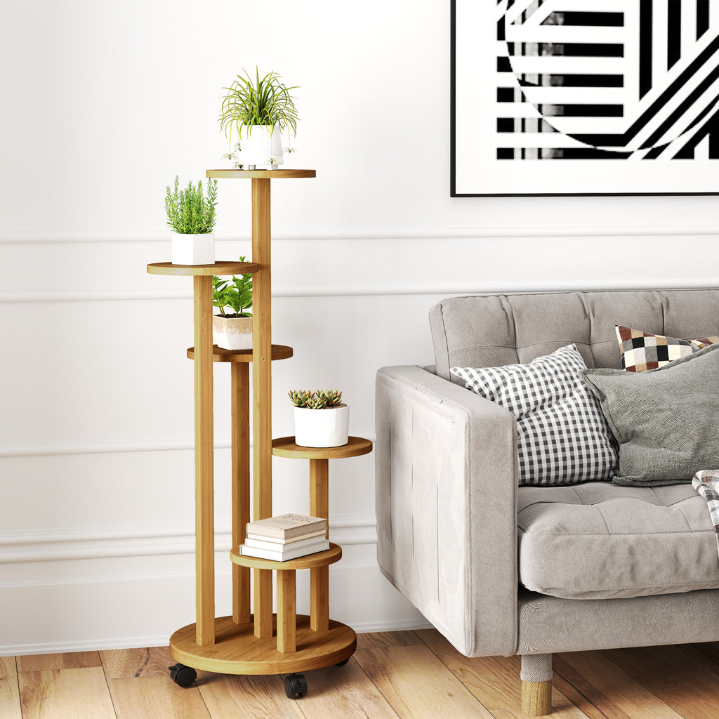 Étagère à plantes en bambou étagères rondes à fleurs support de pots de fleurs 5 niveaux bois naturel-1