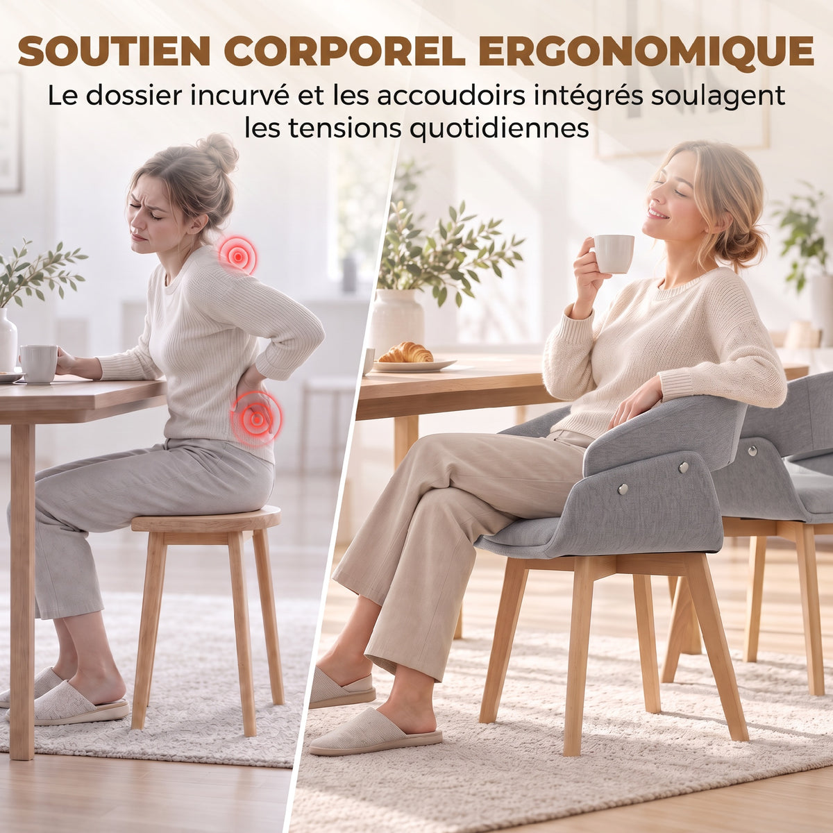 Lot de 2 Chaises Salle à Manger, Chaises de Cuisine en Tissu Effet Lin, Dossier Incurvé, Pieds en Bois de Hêtre, Gris-5