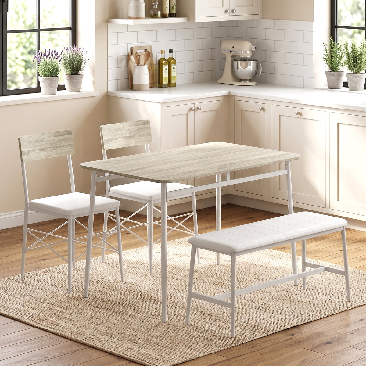 Ensemble Table Salle à Manger avec 2 Chaises et Banc, Assises Rembourrées, pour Salon, Petit Espace, Chêne et Blanc-1