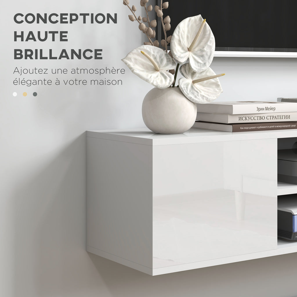 Meuble banc TV mural suspendu style contemporain 2 placards 2 niches centrales et 2 passe-câbles 140 x 30 x 30 cm blanc-5