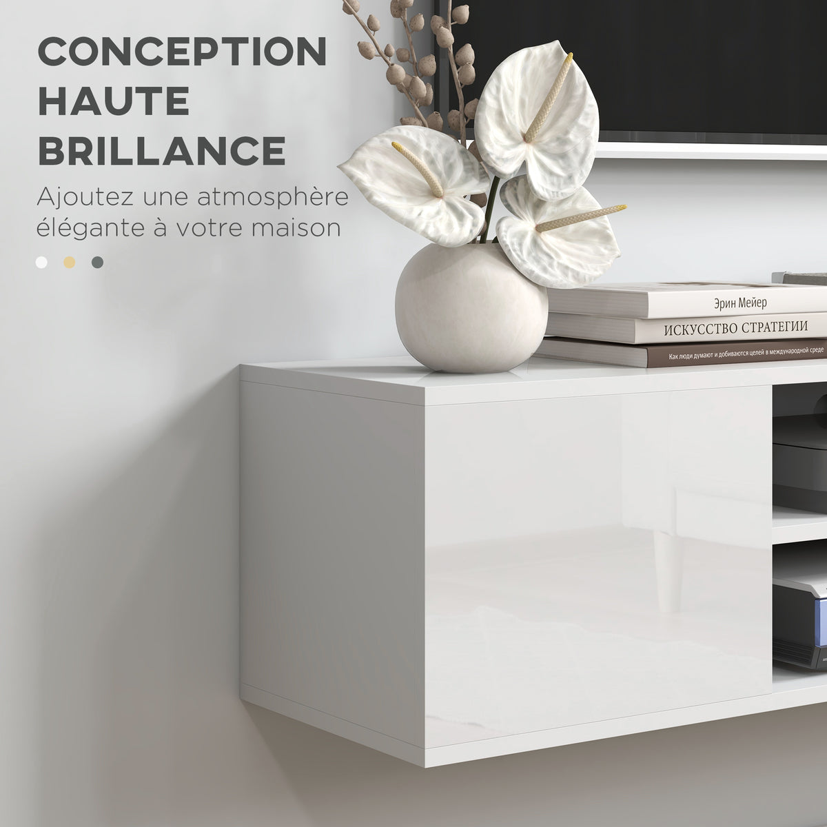 Meuble banc TV mural suspendu style contemporain 2 placards 2 niches centrales et 2 passe-câbles 140 x 30 x 30 cm blanc-5