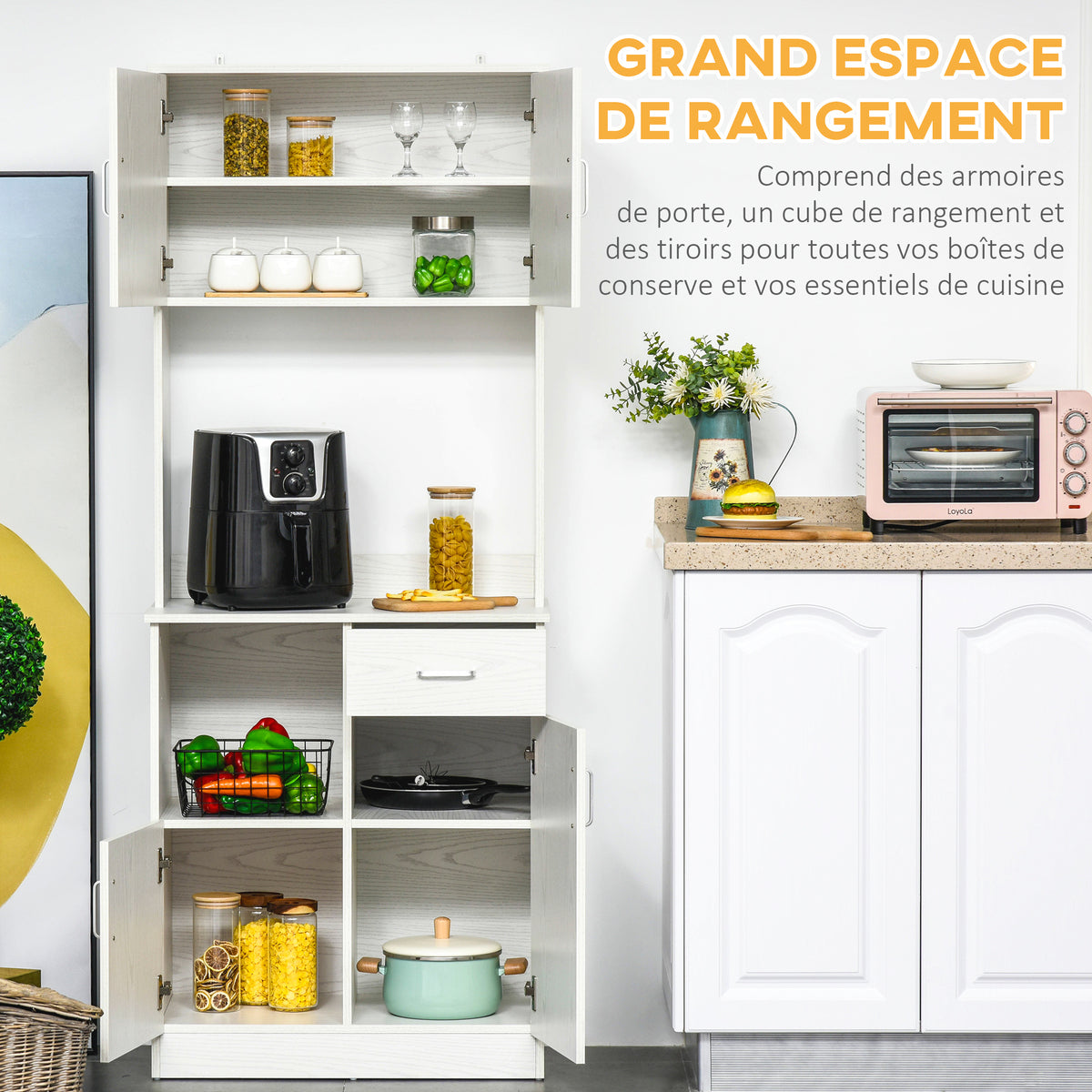 Buffet de cuisine armoire de cuisine multi-rangements 4 portes 1 tiroirs étagère + grand plateau blanc-3