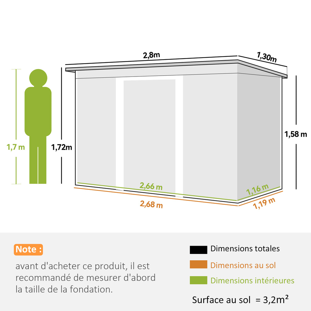 Abri de jardin 3,6 m² 280 x 130 x 172 cm kit de fondation porte coulissante ventilations acier galvanisé vert foncé-2