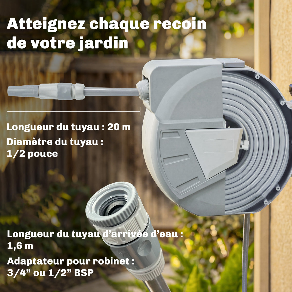 Enrouleur Tuyau Arrosage Mural 20+1,6m x Ø 15mm, Dévidoir de Tuyaux d'Eau Rétractable Automatique Pivotant à 180°, Gris-3
