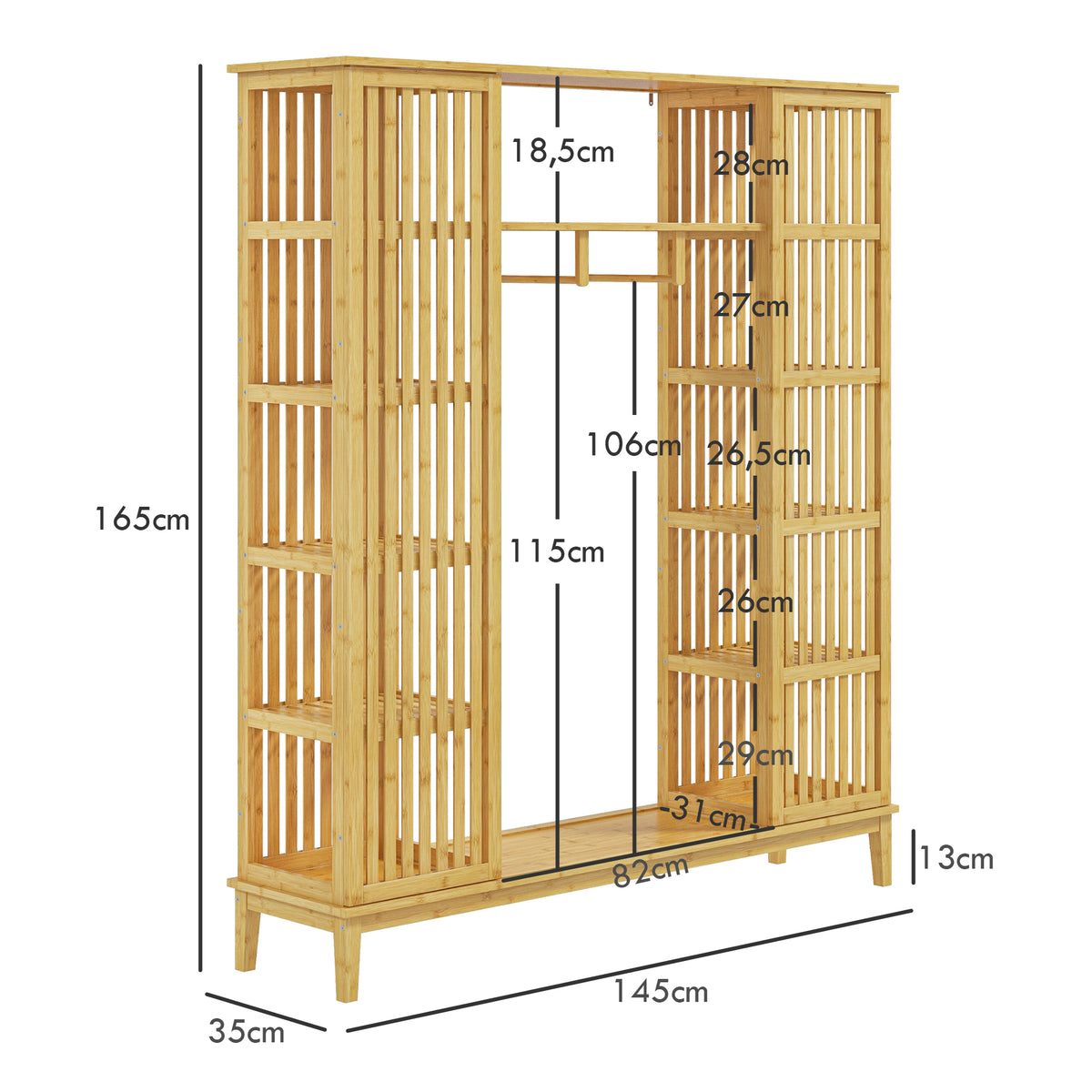 Armoire en bambou avec 2 portes coulissantes, étagères et tringle, grande armoire pour la chambre, 145 x 35 x 165cm-2