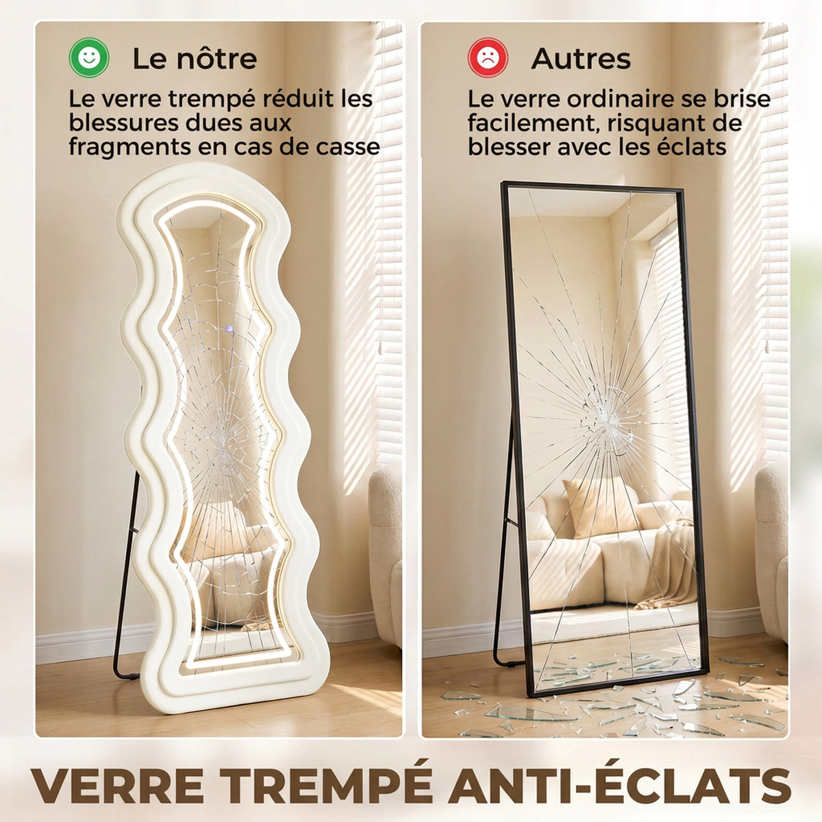 Miroir Pleine Longueur Ondulé 160 x 60 cm, LED 3 Couleurs, Cadre Effet Velours, Verre Trempé HD, Crème-4