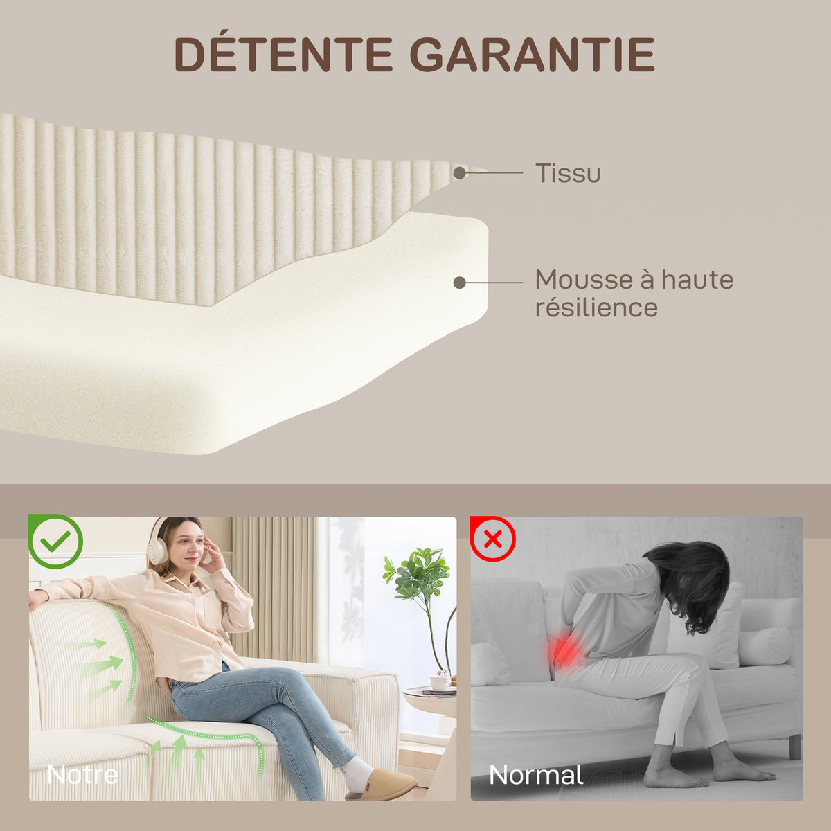 Canapé 3 places en velours côtelé 230 cm, canapé moderne, pas de montage nécessaire, beige-4