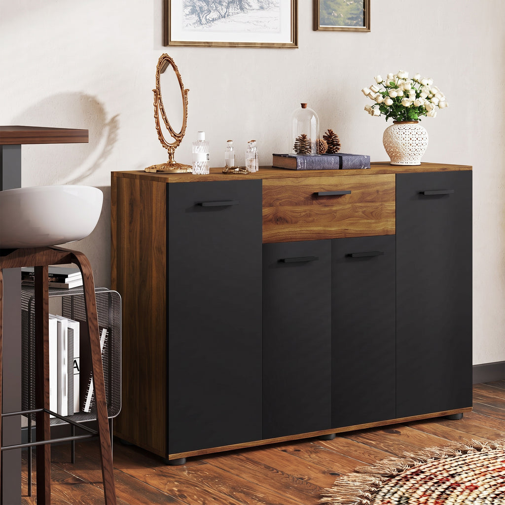 Buffet salon meuble de rangement avec 4 placards, tiroirs et étagères réglables, dim. 120 x 35 x 85 cm, marron et noir-9