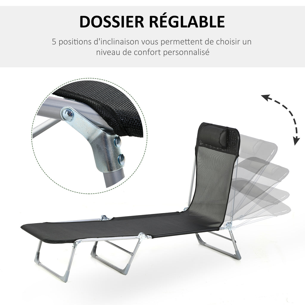 Bain de soleil transat chaise longue inclinable pliable avec oreiller dossier réglable sur 5 niveaux noir-3