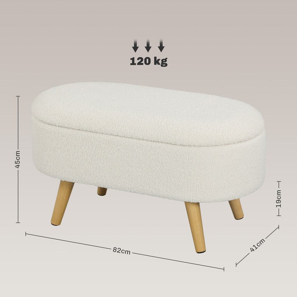 Banc de Rangement, Bout de Lit Rembourré en Peluche Teddy avec Couvercle et Pieds en Bois, 82 x 41 x 45 cm, Blanc-2