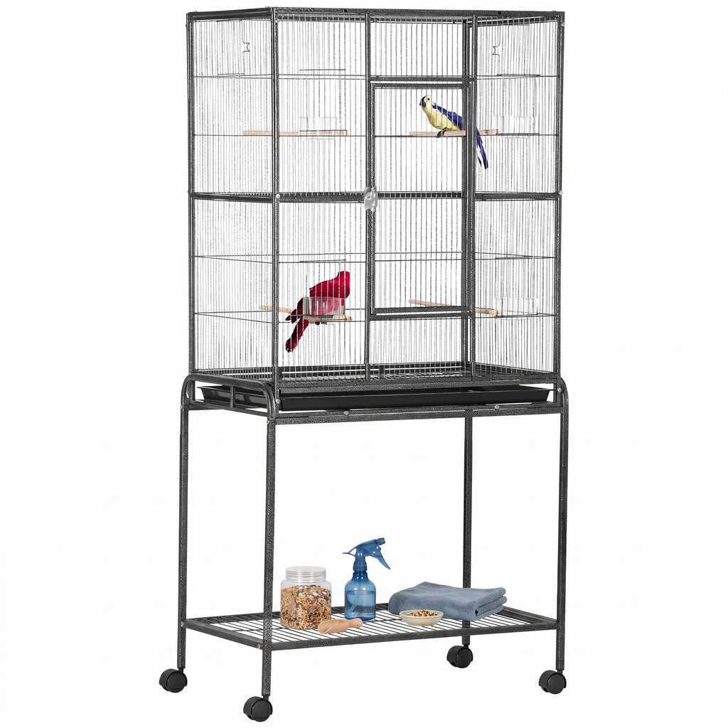 Cage à Oiseaux Portable avec 4 Mangeoires et 4 Perchoirs Pratique 81 x 48 x 162,5 cm Noir et Gris-0