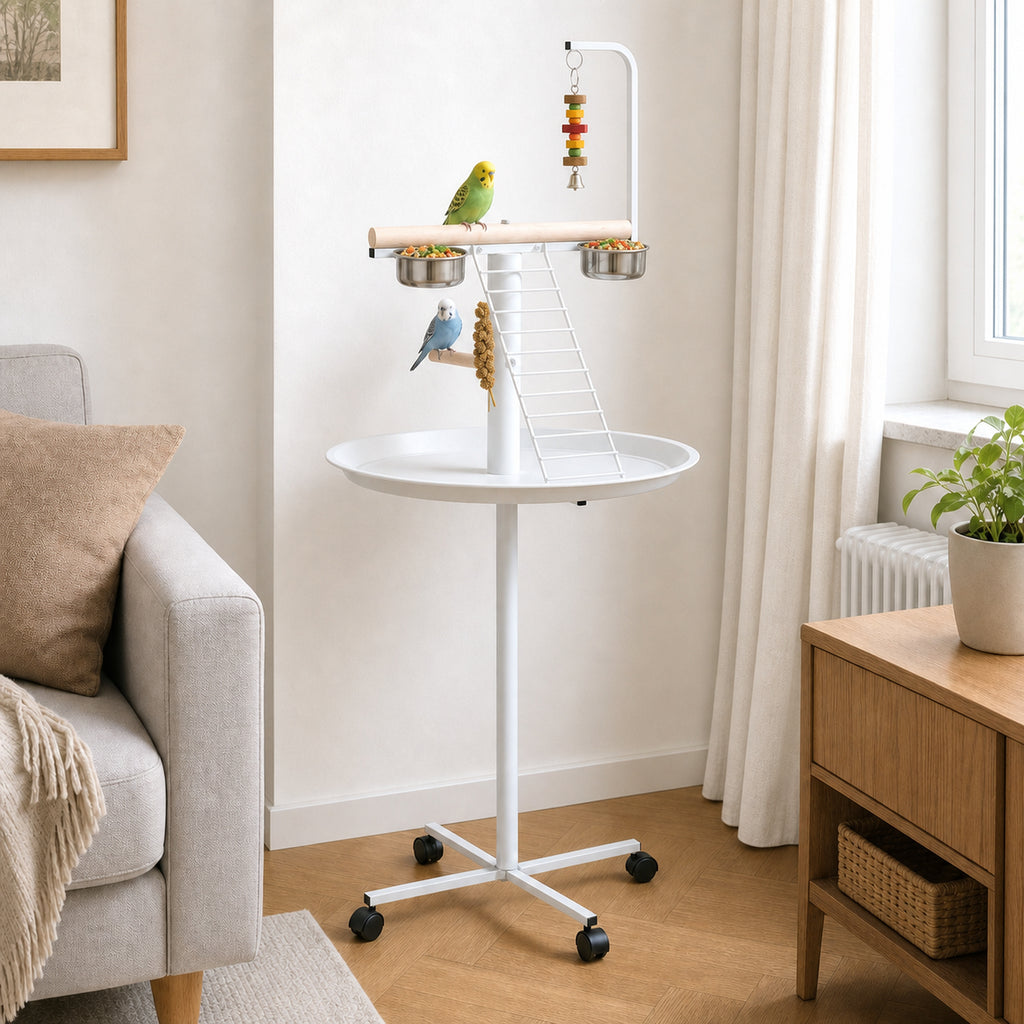 Mangeoire à oiseaux sur pied avec 4 roulettes perchoir 2 bols amovibles plateau rond acier inoxydable Ø 60 x 138H cm blanc-1