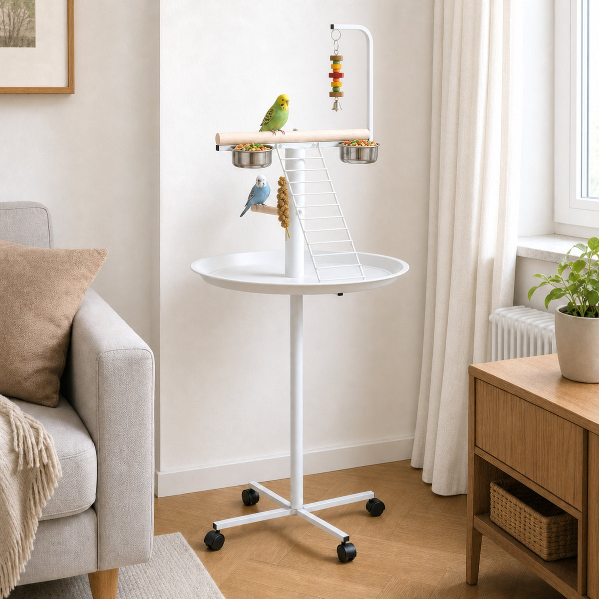 Mangeoire à oiseaux sur pied avec 4 roulettes perchoir 2 bols amovibles plateau rond acier inoxydable Ø 60 x 138H cm blanc-1