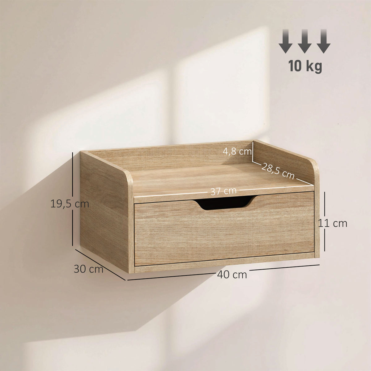 Lot de 2 tables de chevet murales, tables de nuit avec tiroir et plateau à rebords surélevés, 40x30x19,5cm, bois naturel-2