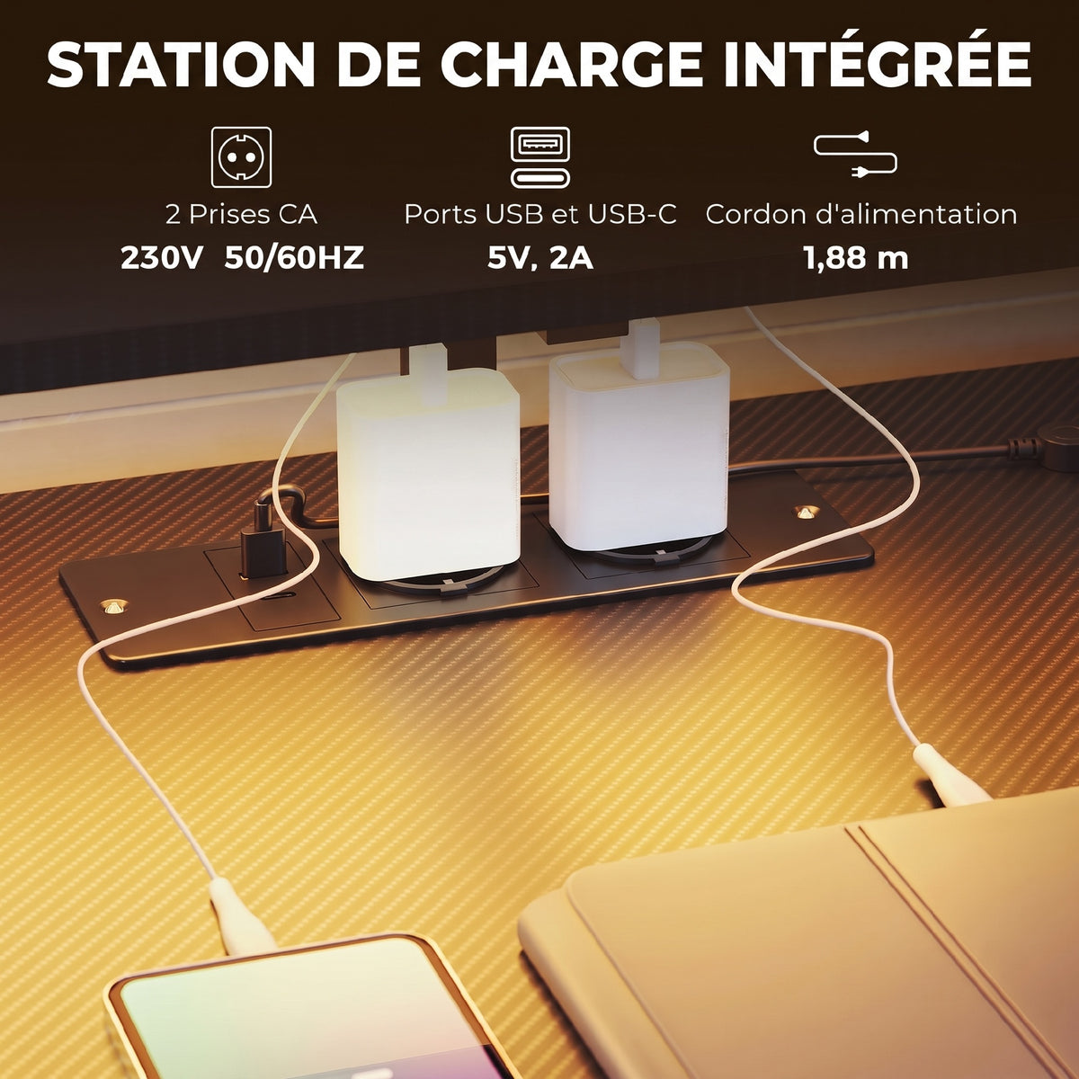 Bureau Gaming 147 x 47 cm, Éclairage RGB, Prises et Ports USB, Support pour Unité Centrale Réglable et Réversible, Noir-5