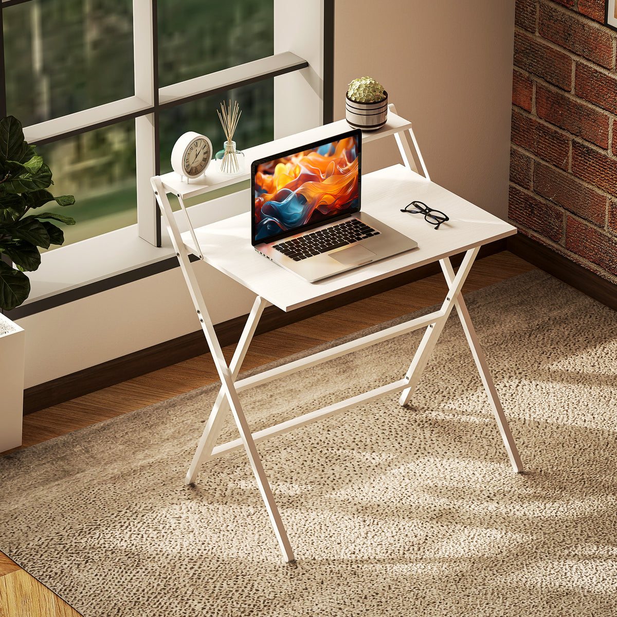 Bureau pliable 75,5 x 50 cm avec étagère de rangement pour chambre, petits espaces, blanc-7