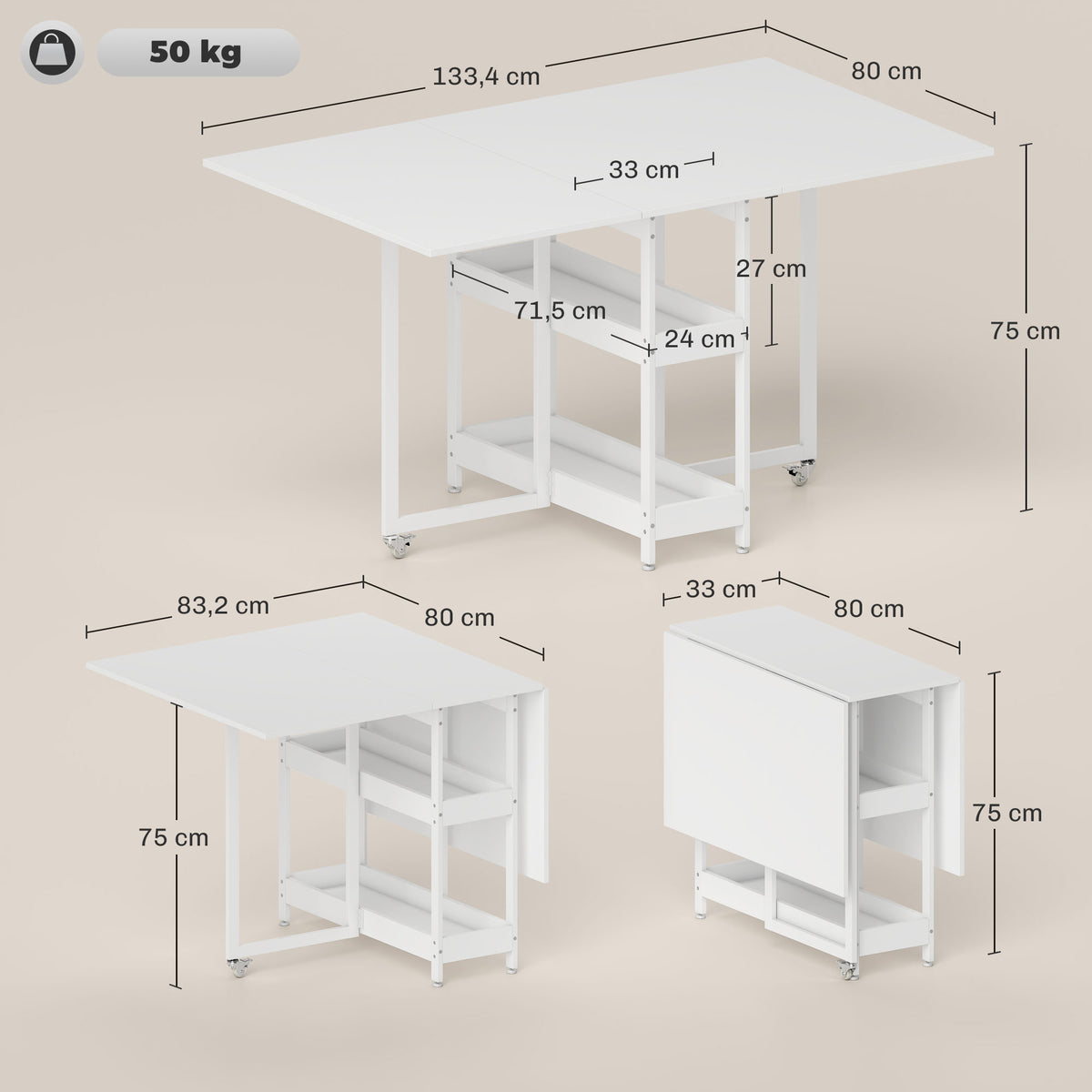 Table à manger pliante sur roulettes 4 personnes avec compartiments ouverts, pour petits espaces, salle à manger, blanc-2